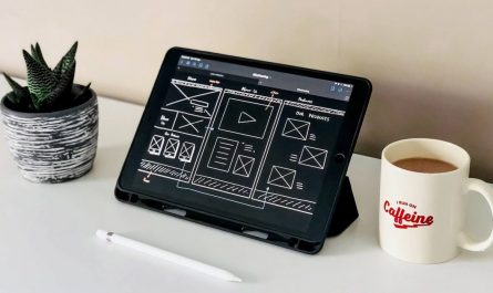 Tablet displaying a digital sketch of a website design, featuring a plant as part of the layout.